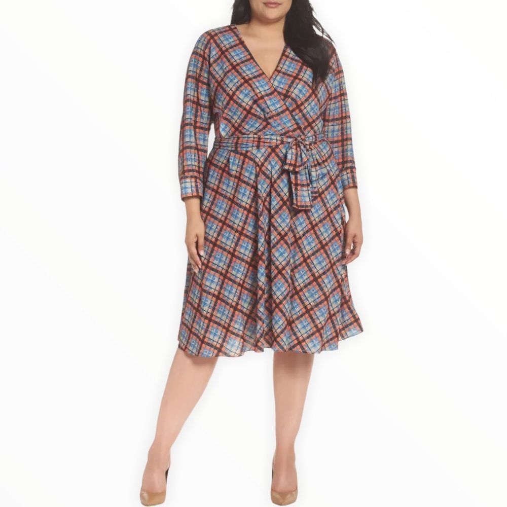 Eliza J Plaid Faux Wrap Belted Midi Shirtdress